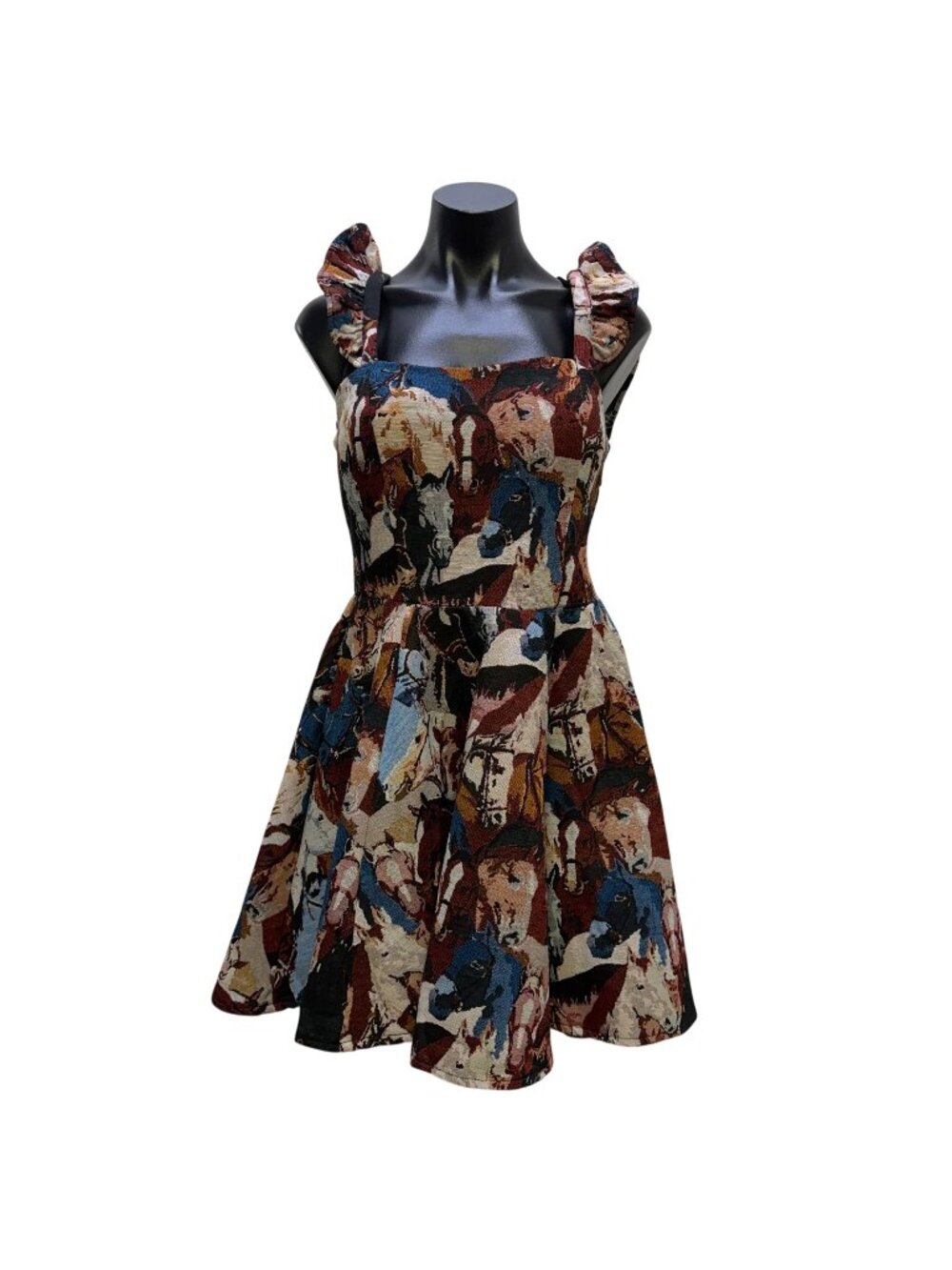 Lucky & Blessed Brown & Blue Horse Print Sleeveless Dress M - Picture 1 of 7